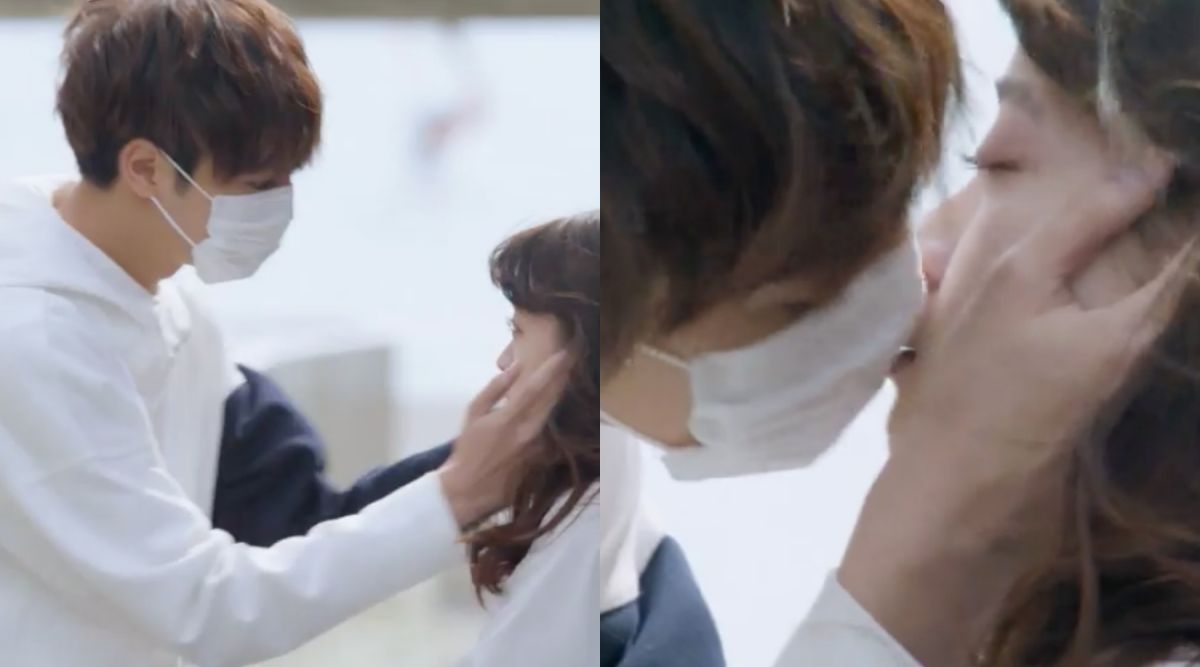 ▲片中，片寄涼太（左）戴著口罩，街上親吻「千年一遇美少女」橋本環奈。（圖／傳影互動）