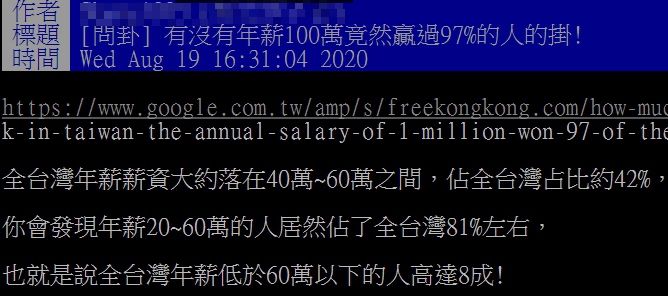 ▲網友以「有沒有年薪100萬竟然贏過97%的人的掛！」為題，在PTT發文。（圖／翻攝自PTT）