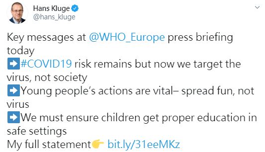 ▲世衛歐洲區主任克魯格警告，疫情反彈的風險從未消失，年輕人是重要的抗疫前線。（圖／翻攝自克魯格推特）