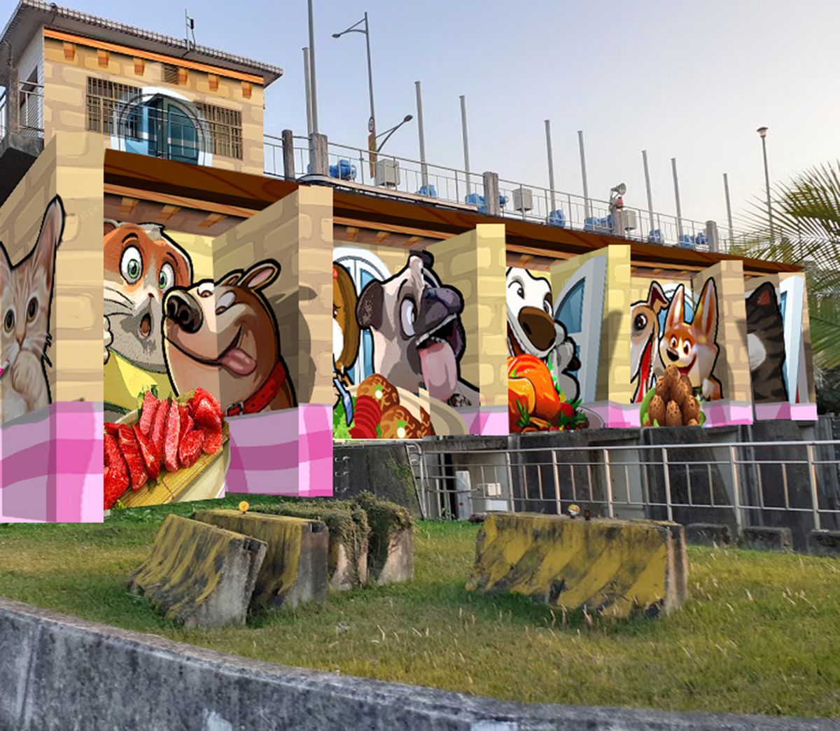 ▲新北市高灘處近年在新店溪流域上，包含江子翠、光復、中原、中和、永和重力閘門及中和舌閥等6處，將原本呆板冷硬的設施進行彩繪美化。（圖／模擬圖，新北市高灘處提供）