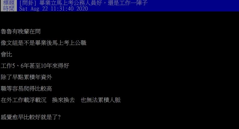 ▲原PO提問,一畢業就考取公職是否比出社會幾年後來得好呢?(圖/翻攝PTT)
