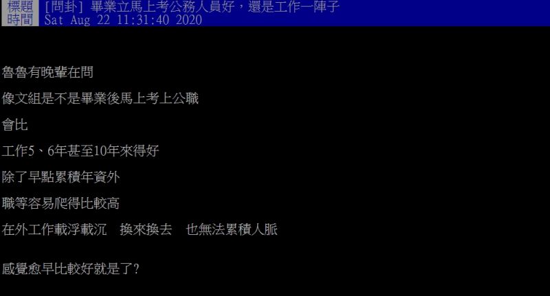 ▲原PO提問，一畢業就考取公職是否比出社會幾年後來得好呢？（圖／翻攝PTT）