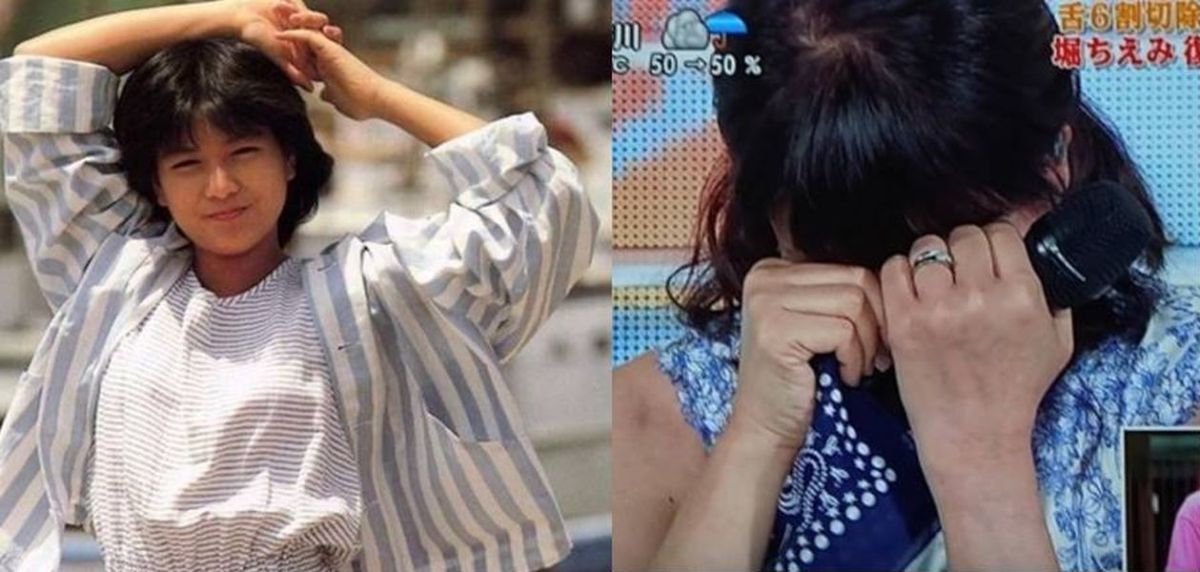 ▲前偶像女歌手堀智榮美切舌後，首度登台獻唱泣不成聲（右）。（圖／翻攝《24小時 愛心救地球》）