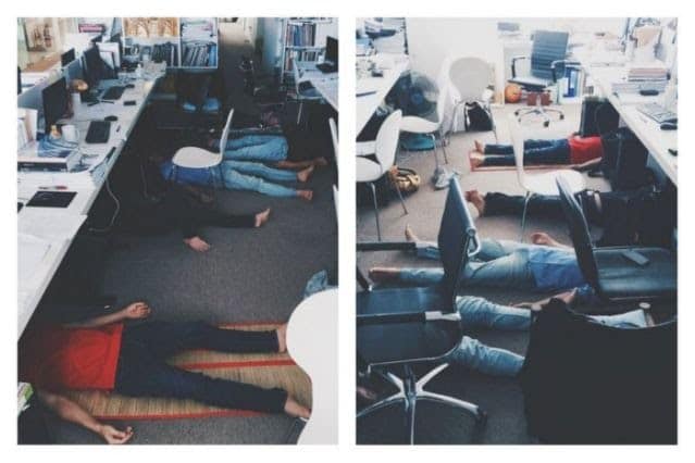 ▲近期1名在越南經營建築設計事務所的日本人，在推特上分享2張午休時間越南同事全部躺平在地板的照片，驚訝稱他一開始還以為來到野戰醫院。（圖／翻攝自推特）