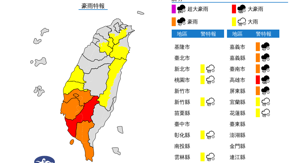 ▲中央氣象局針對嘉南高屏地區發布豪雨特報。（圖／中央氣象局提供）