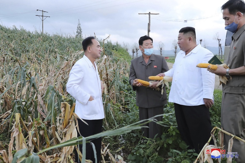▲北韓官媒上月釋出金正恩赴黃海南道視察的照片,時間點為颱風過境前後。(圖/美聯社/達志影像)