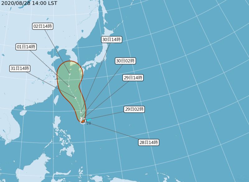 ▲中央氣象局今(28)日指出，原位於菲律賓東方海面的熱帶性低氣壓在下午2時發展為輕度颱風梅莎。(圖／擷取自氣象局)