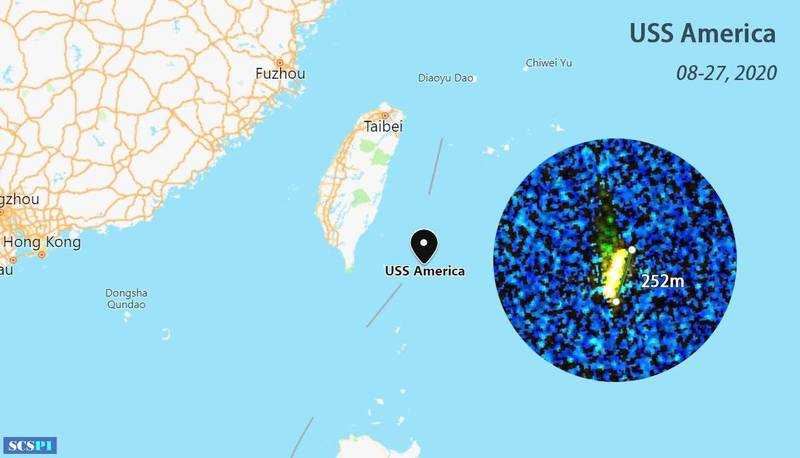 ▲中方公布疑似美利堅號兩棲突擊艦 27 日現身台灣東部外海的位置圖。（圖／取自 SCSPI ）