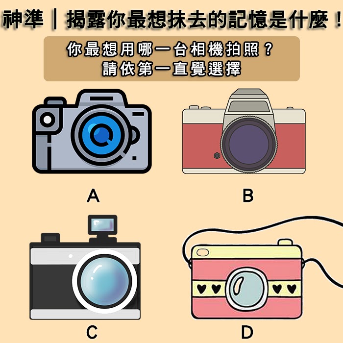 ▲用直覺選出四台相機當中你最想用哪台來拍照，結果將揭露你內心深處「最想抹去的記憶」。（圖／翻攝自《Look Pretty 美日誌》）