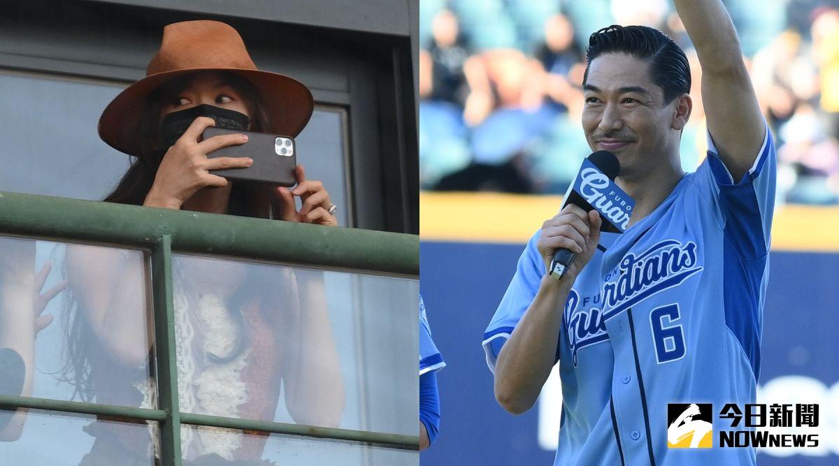 ▲AKIRA（右）今幫富邦悍將開球，老婆林志玲偷現身。（圖／記者林柏年攝）