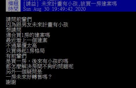 ▲有網友在PTT詢問大家「未來計畫有小孩該買一房建案嗎？」掀起討論。（圖／翻攝自PTT）