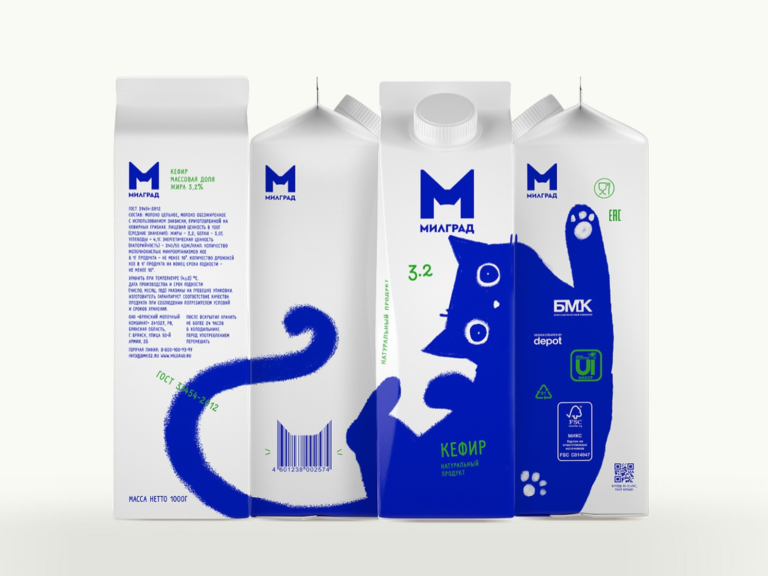 俄羅斯牛奶品牌推出最新包裝，以藍貓設計吸引消費者的目光！（圖／Милград）