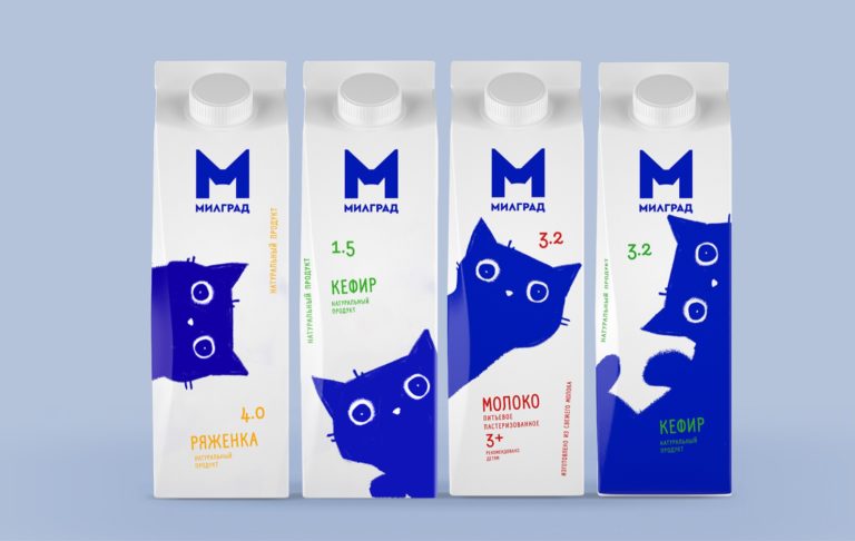 牛奶包裝四面設計藍貓不同動作（圖／Милград）