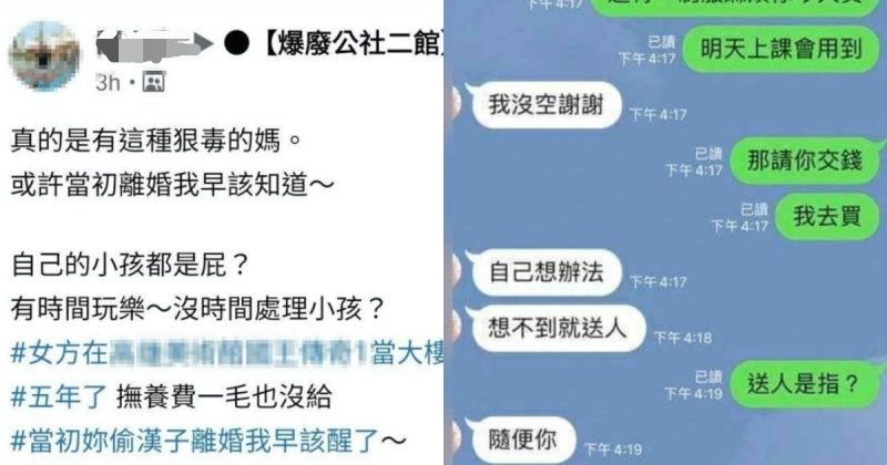 ▲男網友表示和「網美」前妻離婚後，對方不僅長達五年沒照顧兒子，甚至說出「送人」一句，讓他非常傻眼。（圖／翻攝自爆廢公社二館》）