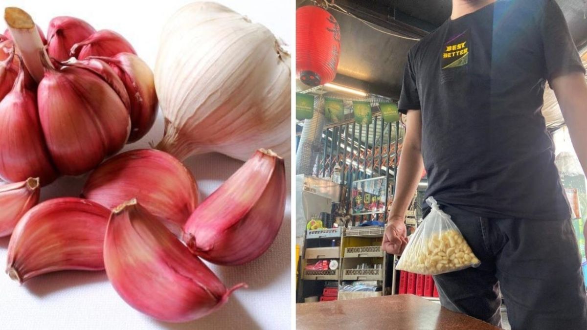▲國內蒜頭近期價格飆漲，有網友腰間綁一包蒜頭出門，讓大家笑翻。（合成圖／翻攝自Pixabay，《爆廢公社》臉書）