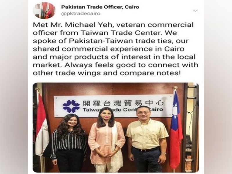 ▲有印度媒體報導，巴基斯坦的貿易人員與開羅台灣貿易中心的主任，近日曾在埃及會面及合影，但隨後就因為怕北京不滿而刪除推文。（圖／翻攝自 ANI ）