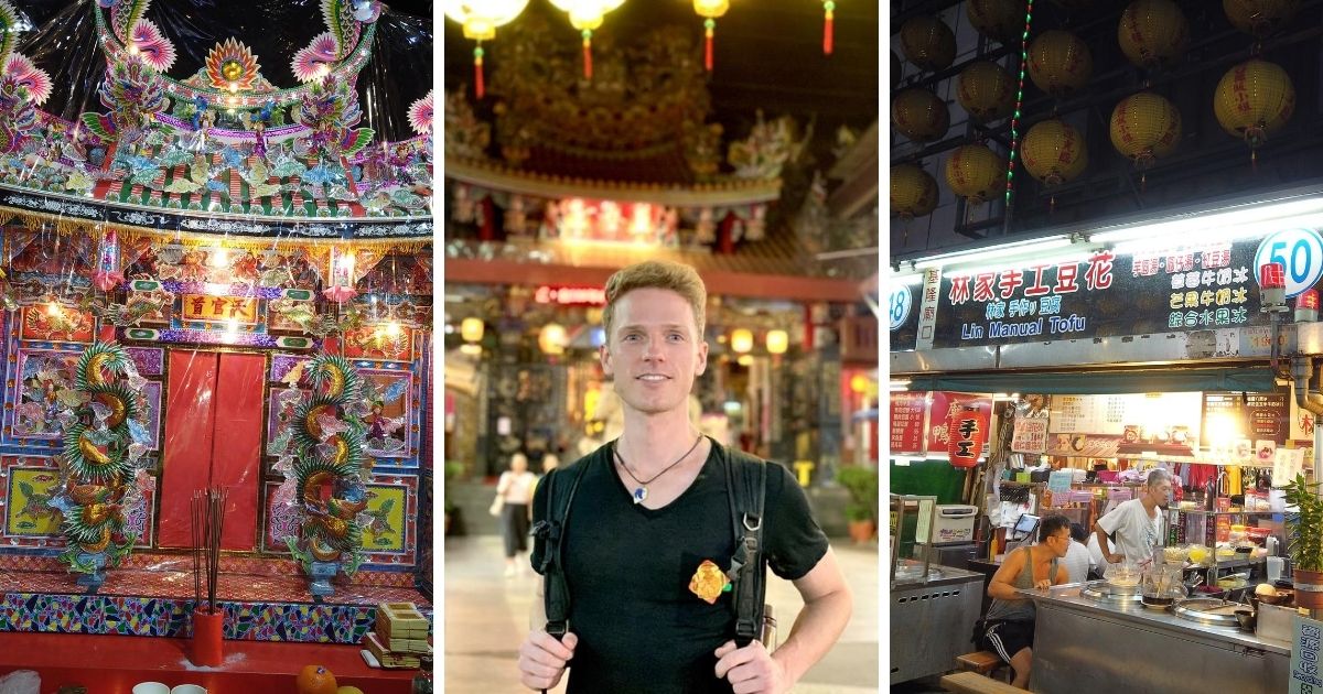 ▲拼圖從左到右，水燈、美國學生Greg、廟口夜市攤販 。(The China Post)