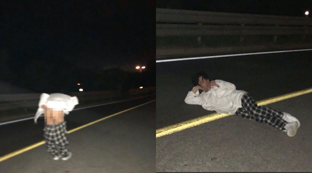 ▲樑洪元半夜在馬路中央露屁股、躺地抽菸。（圖／樑洪元IG）