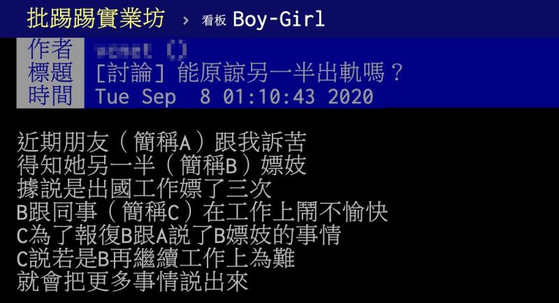 ▲網友在PTT以「能原諒另一半出軌嗎?」為題發文。(圖/翻攝自PTT)