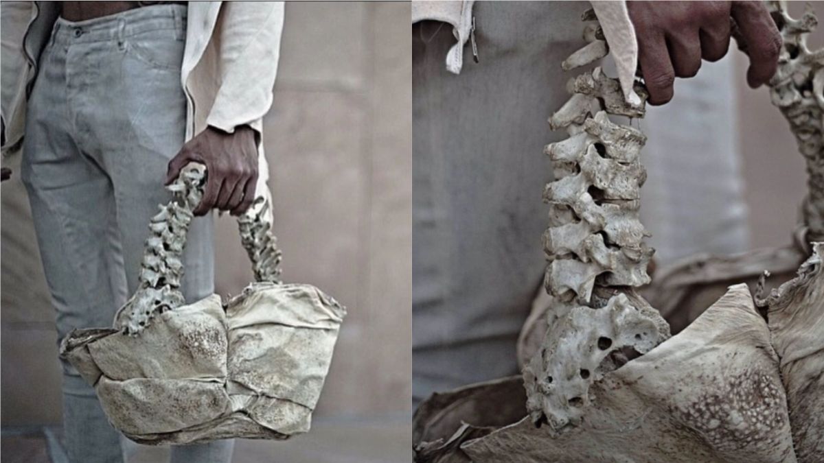 ▲印尼富二代設計了一款用兒童脊椎做成的「人骨包」，在社群媒體上遭到不少網友躂伐，不過他也出面解釋了這個「人骨」的由來。（合成圖／翻攝自IG@byarnoldputra）