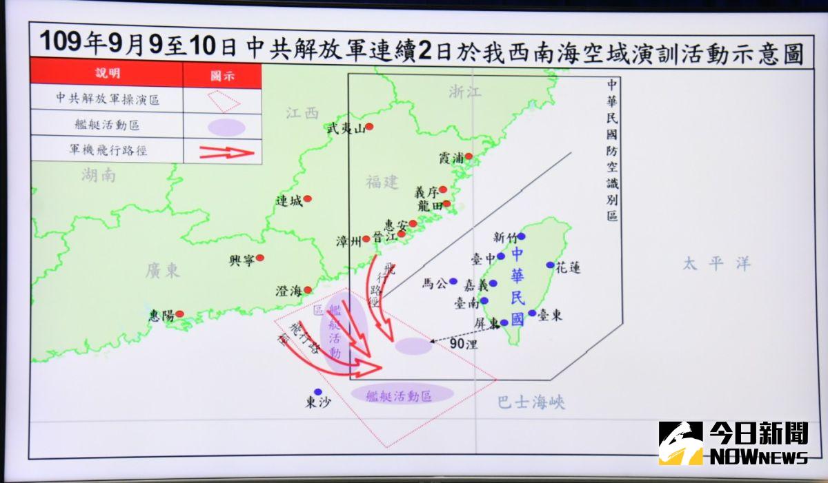 ▲國防部公布共機於我西南防空識別區演訓活動示意圖。（圖／記者林調遜攝.2020.09.10）