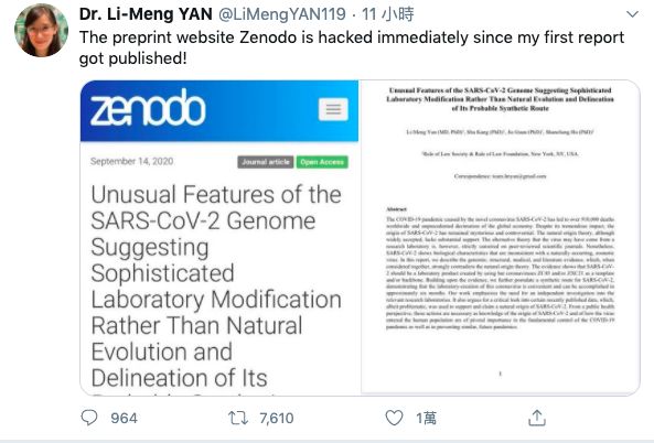 ▲閆麗夢在推特上稱,於Zenodo上傳研究後,該網站即遭告駭客攻擊。(圖/翻攝自