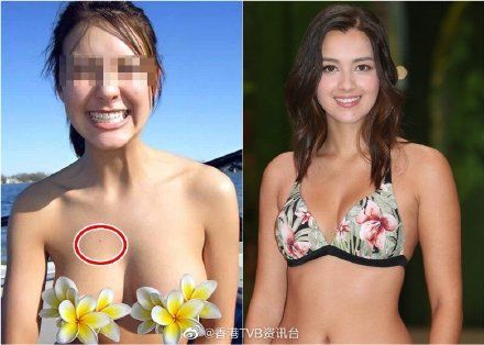 ▲裸女（左圖）胸前有顆痣，謝嘉怡則無。（圖／香港TVB資訊台微博）