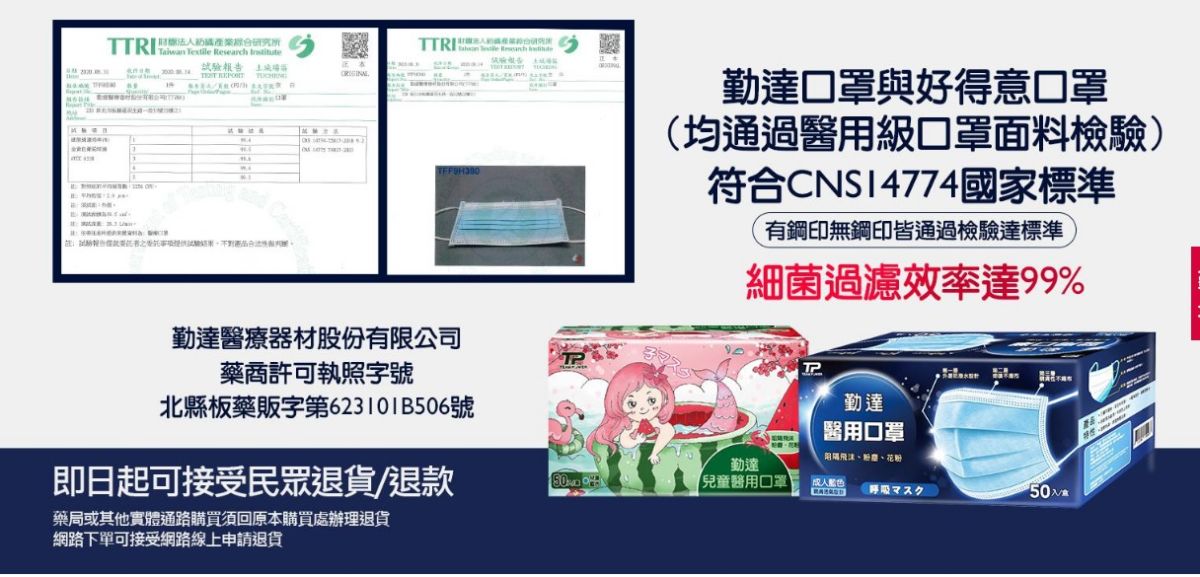 ▲勤達遭爆口罩中國製假冒馬來西亞製，官網公布退貨方式。(圖／勤達醫療器材官網)