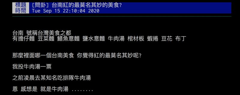 ▲網友好奇詢問哪道台灣小吃「紅的最莫名其妙？」引發熱議。（圖／翻攝自批踢踢）