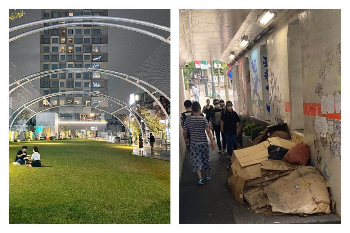 ▲日本落成不久的澀谷宮下公園成為打卡新景點，但底下涵洞卻有許多遊民居住其中，對比畫面十分衝擊。（圖／翻攝自Tang.guri的IG，@amaterial的推特）