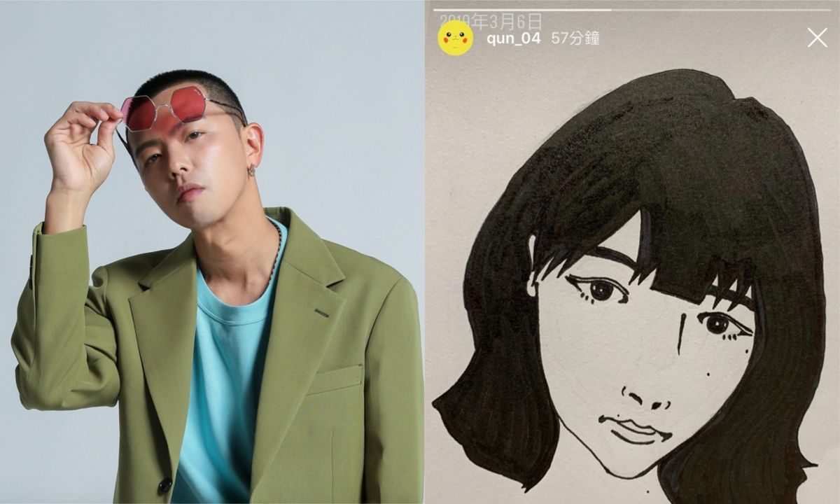 ▲峮峮在Instagram的限時動態中PO出肖像，而該作品的作者疑似是小鬼。（左圖，取自AES黃鴻升臉書／右圖，翻攝自Instagram qun_04）
