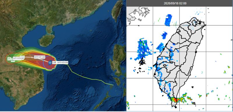 ▲中央氣象局「路徑潛勢預測圖」及「暴風侵襲機率圖」（左圖）顯示，第11號颱風「紅霞」通過海南島南方海面，今午登陸越南中部。今晨2時雷達監測顯示，恆春半島有回波發展並通過（右圖）帶來降雨，其他各地的弱回波為雜訊。（圖／翻攝自）