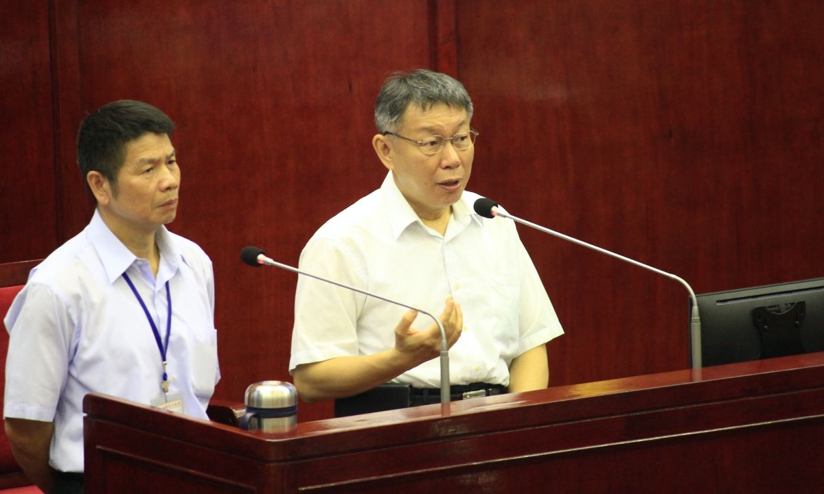 ▲台北市長柯文哲18日在台北市議會接受質詢時，表示自己參選2024年總統大選的優勢是「白目」。（圖／記者丁上程攝,2020.9.18）