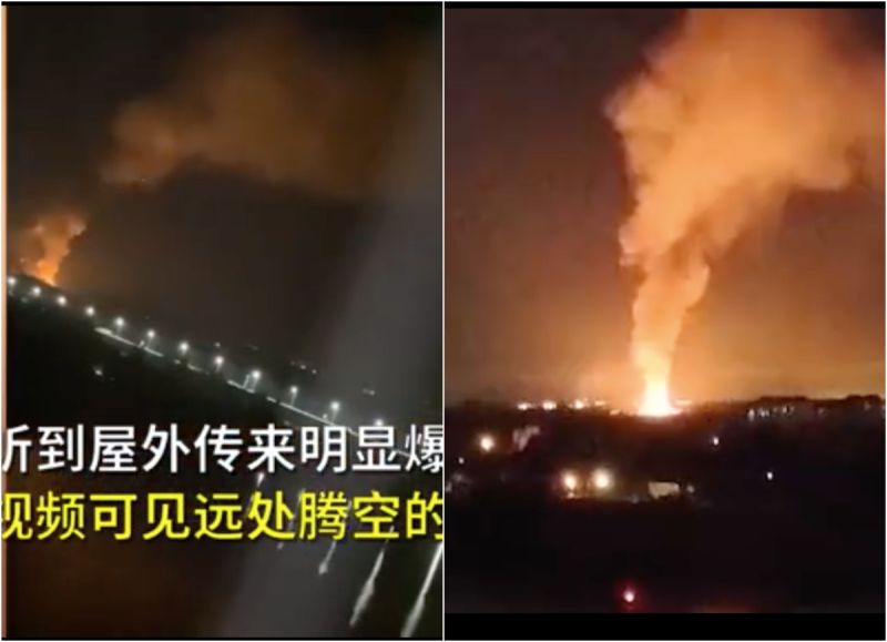 ▲中國北京市區18日晚間一處倉庫疑似因為存放大量液態瓦斯不慎爆炸。（圖／翻攝自影片）
