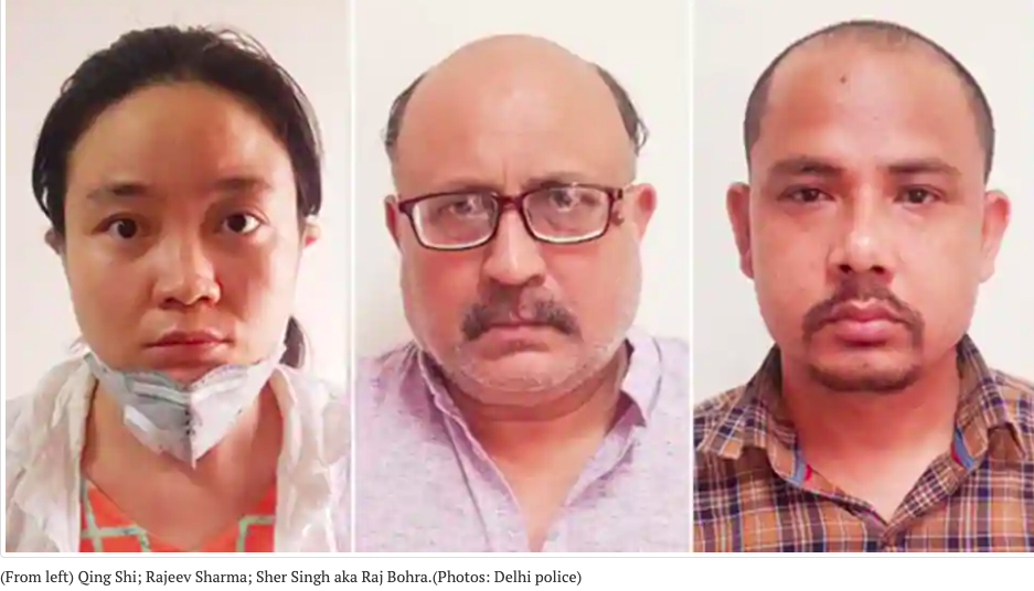 ▲印度德里警方 19 日表示，他們近日抓獲曾為中國官媒《環球時報》撰文的記者沙爾馬（ Rajeev Sharma ）涉嫌從事間諜活動。由左至右分別為中國女子石青、記者沙爾馬、尼泊爾男子辛格。（圖／翻攝自 Hindustan Times）