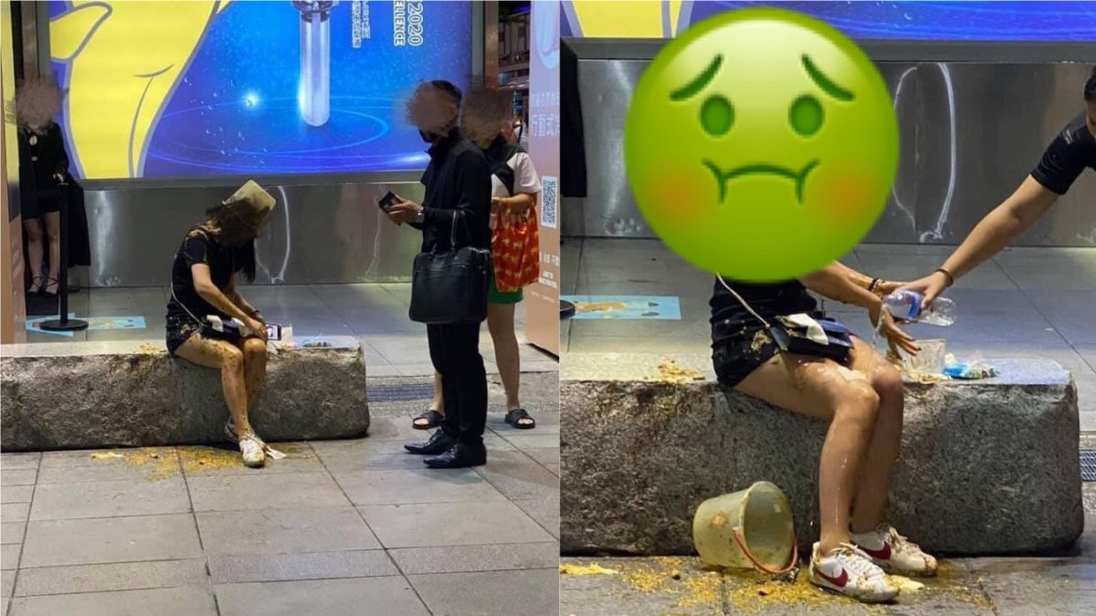 ▲這名長髮妹頭上被蓋了一個白色塑膠桶，身上沾滿了金黃色穢物，所幸熱心民眾也趕緊提供幫忙清潔。（圖／翻攝自臉書社團《爆料公社》）