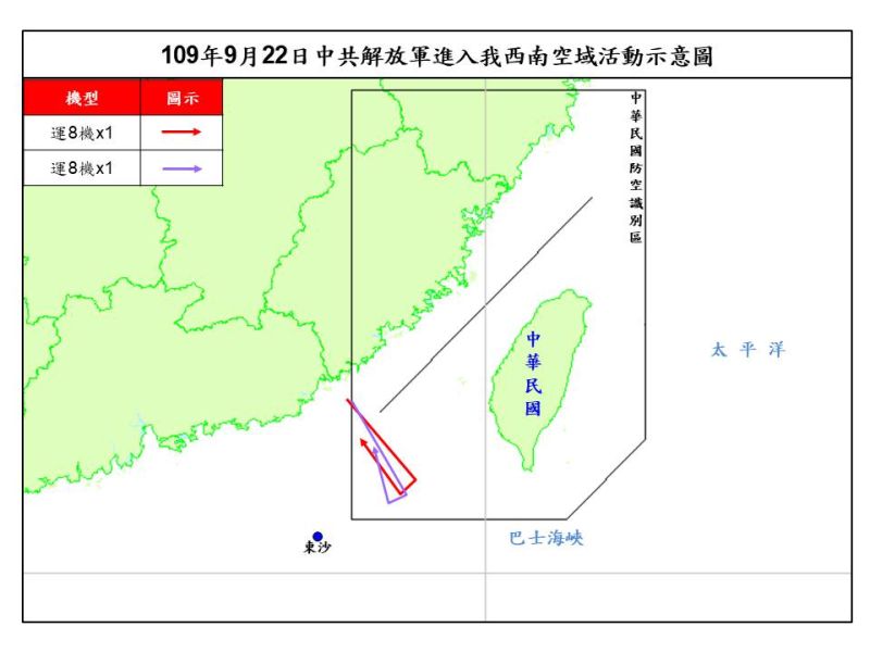 ▲共機頻頻擾台，國防部22日晚間表示2架運8反潛機再闖台西南空域。（圖／國防部提供）