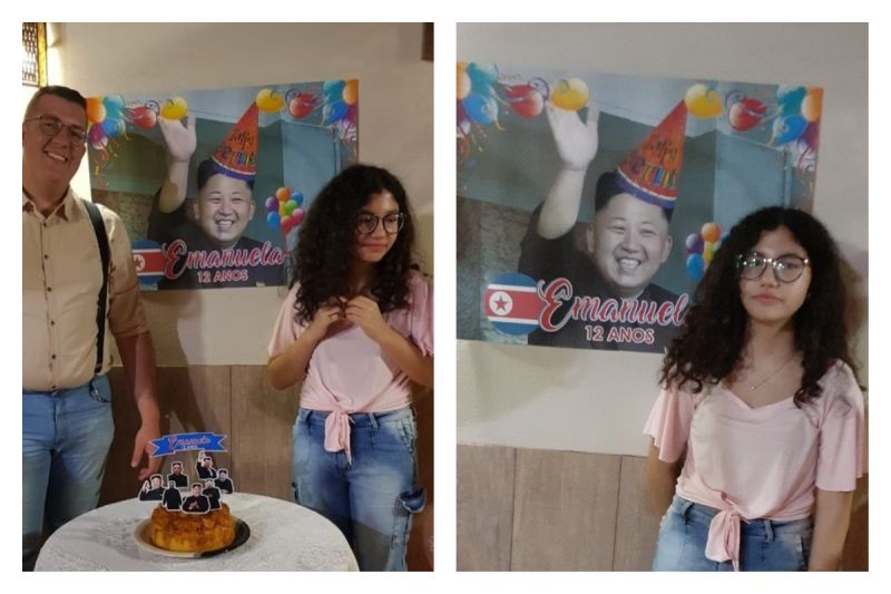 ▲巴西一位網友替喜歡KPOP的妹妹慶生，特製的「最有名韓國人」蛋糕海報讓大家笑翻。（圖／翻攝自@_VitorSouza_的推特）