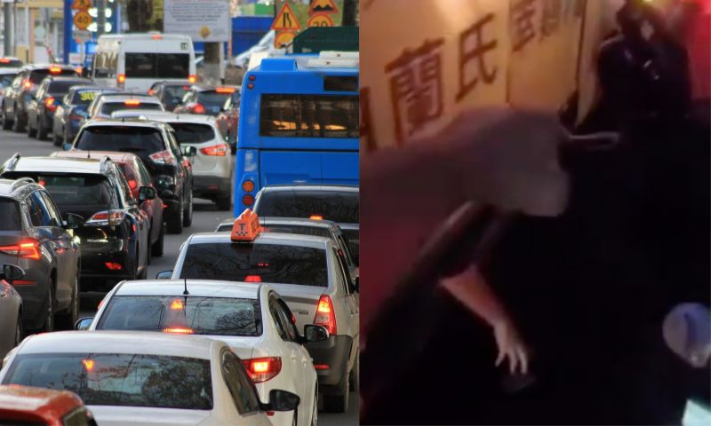 ▲一名機車騎士PO出一段影片，畫面中可以看到公車底部突然「伸出一隻手」，讓他當場嚇傻。（左示意圖，取自pixabay／右圖，翻攝自《靈異公社》）