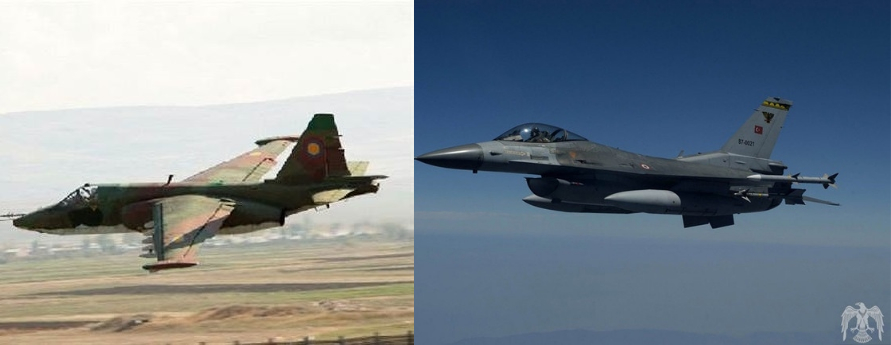 ▲亞美尼亞國防部指控，土耳其的F-16（圖右）擊落亞美尼亞空軍的蘇-25（圖左）。（示意圖／翻攝亞美尼亞空軍／土耳其空軍）
