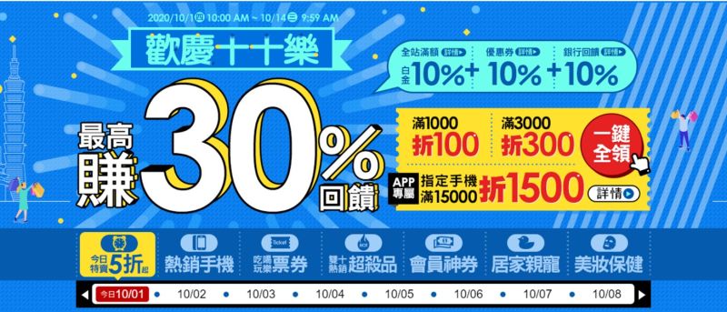 ▲樂天為了慶祝周年慶和雙十連假，這次推出的「歡慶十十樂」活動，優惠超有誠意。（圖／翻攝自樂天市場官網）