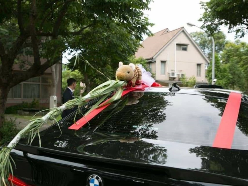 禮車依婚俗要綁豬肉，網友翁奕杞的岳父發揮創意，改用新娘最愛的山豬娃娃取代。（圖／網友翁奕杞提供） 
