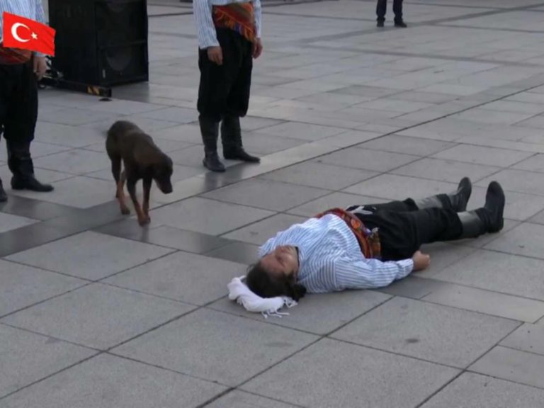 土耳其一名街頭藝人紐曼（Numan Ertuğrul Uzunsoy）日前演出時遇到一隻浪犬主動上前關心營救。（圖／İzmit Belediyesi） 