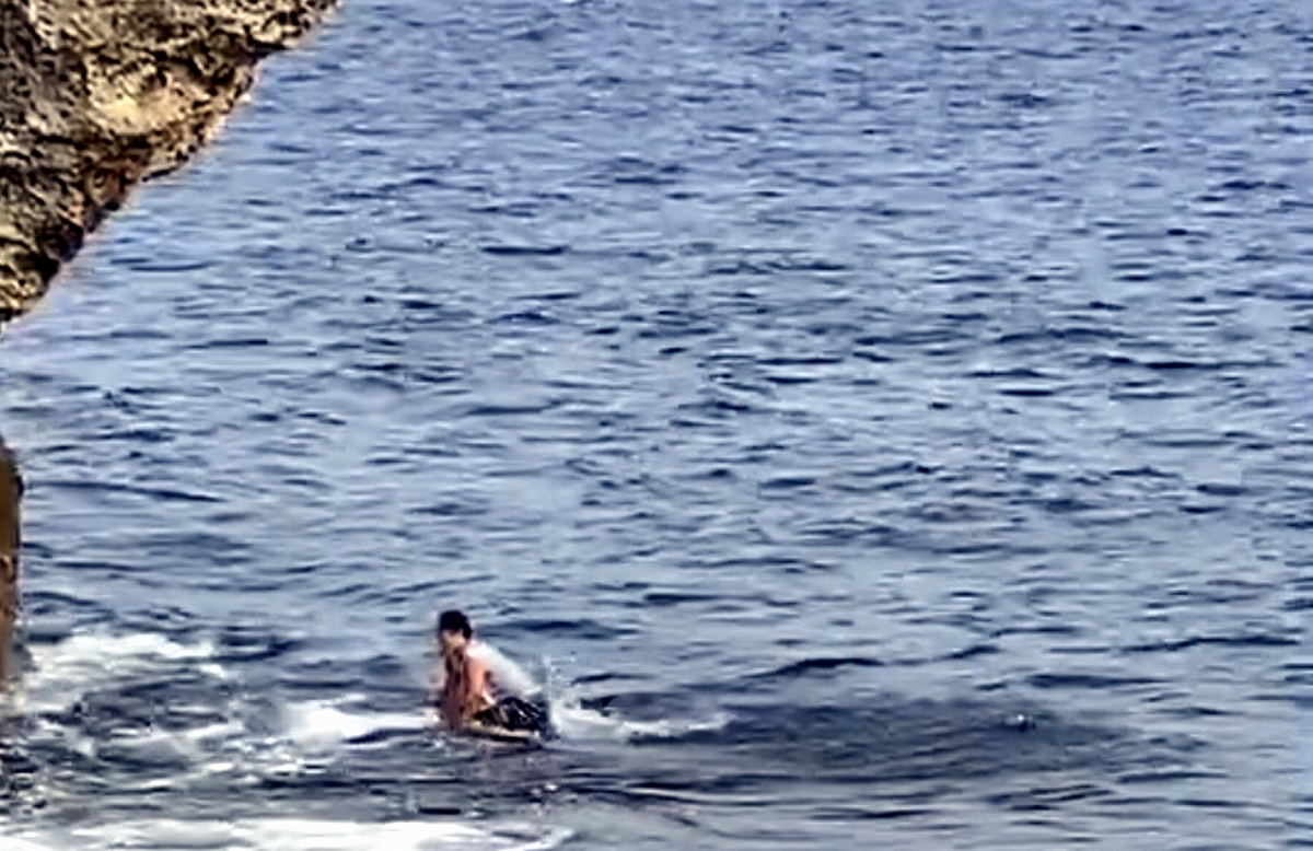 ▲海巡人員即接獲民眾報案稱：「於小琉球花瓶岩岸際疑似有外國遊客觸摸海龜」，並依據其所出具影像畫面，可明顯看出該名遊客有撲抱海龜情況。（圖／海巡署南部分署第五岸巡隊提供, 2020.10.03）