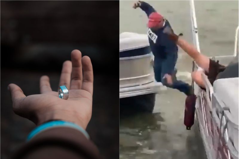 ▲男子站在小艇上，拿起戒指向另一艘小艇的女友求婚，沒想到下秒被踢入海裡。（示意圖／翻攝自《pexels》及《Theo Shantonas Twitter》 ）