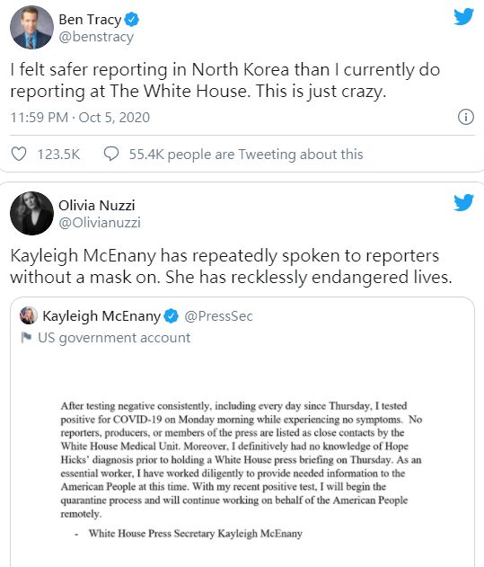▲白宮發言人確診的消息傳出後,不少經常出席白宮新聞發布會的記者都感到驚恐。(圖/翻攝自推特)