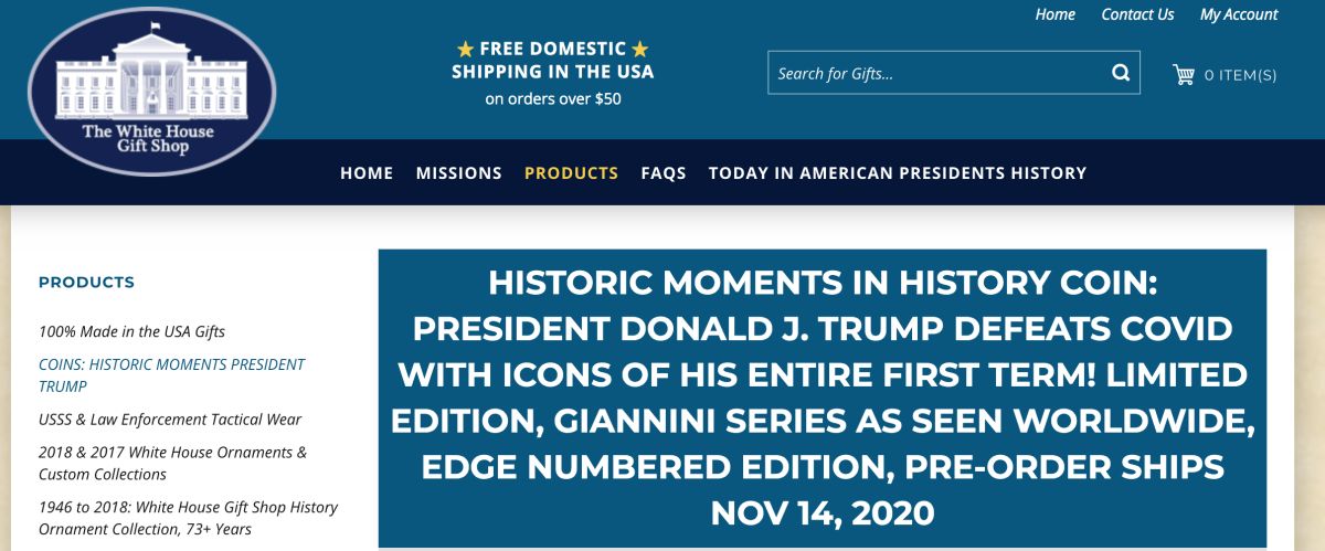 ▲白宮網站推出「川普抗疫成功紀念幣」預購，引發網友討論。（圖／翻攝自「WhiteHouseGiftShop」網站）