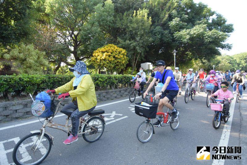 ▲國慶連假首日,秋高氣爽的好日子,適逢河濱公園美人樹盛開時節,騎單車的沿途風景風光明媚。(圖/記者陳雅芳攝,2020.10.09)