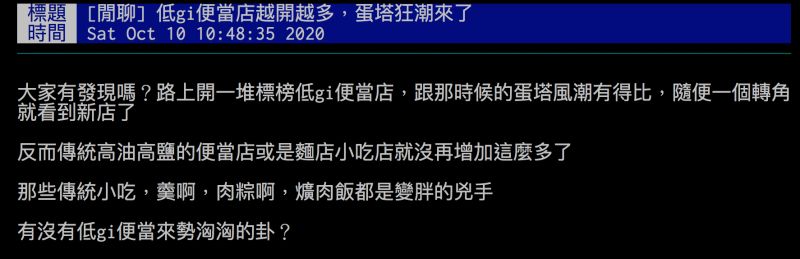 ▲網友詢問低GI便當會成為蛋塔熱嗎？引發討論。（圖／翻攝自批踢踢）