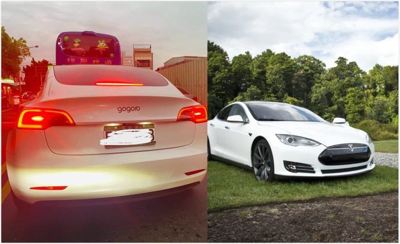 ▲特斯拉（Tesla）車廠出產的電動汽車，車尾卻非招牌「T」字標誌，而是貼上電動機車gogoro的標誌。（合成圖／翻攝自《爆廢公社》／Pixabay）
